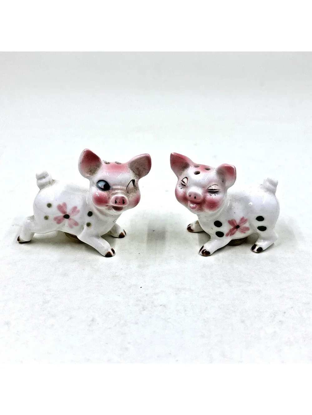 Vintage White Pig Salt & Pepper Shakers  Hand Paint Piggie 2